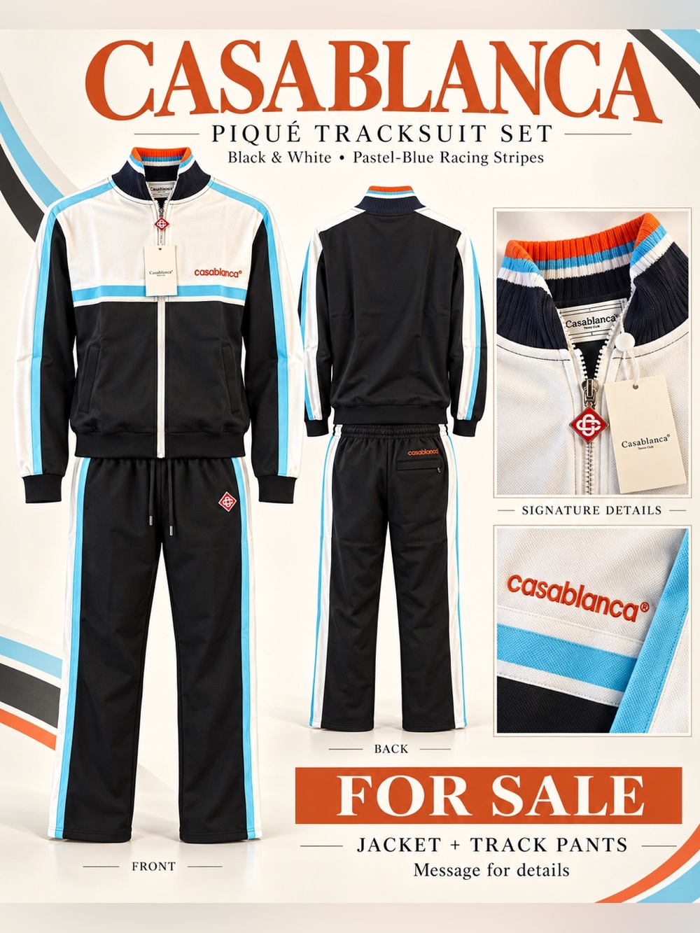 Casablanca Piqué Tracksuit Set/Black/White/Baby Blue/Orange🔥New! XL